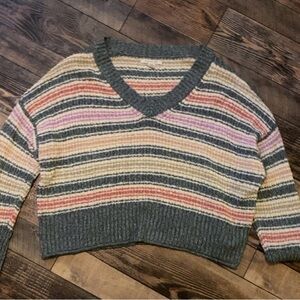 American Eagle Striped V-Neck Cropped Sweater - Multicolor